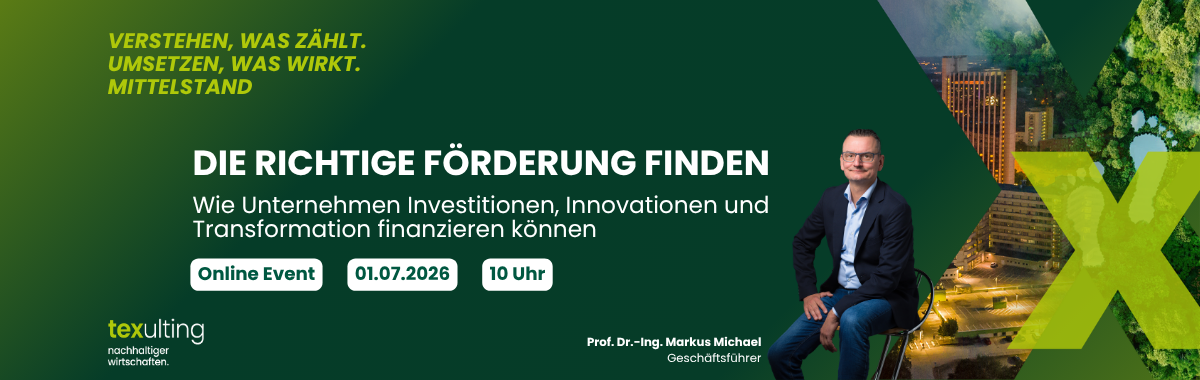 Titelbild zum Webinar „Die richtige Förderung finden“ von Texulting zum Thema Fördermittel für Investitionen, Innovationen und Transformation.