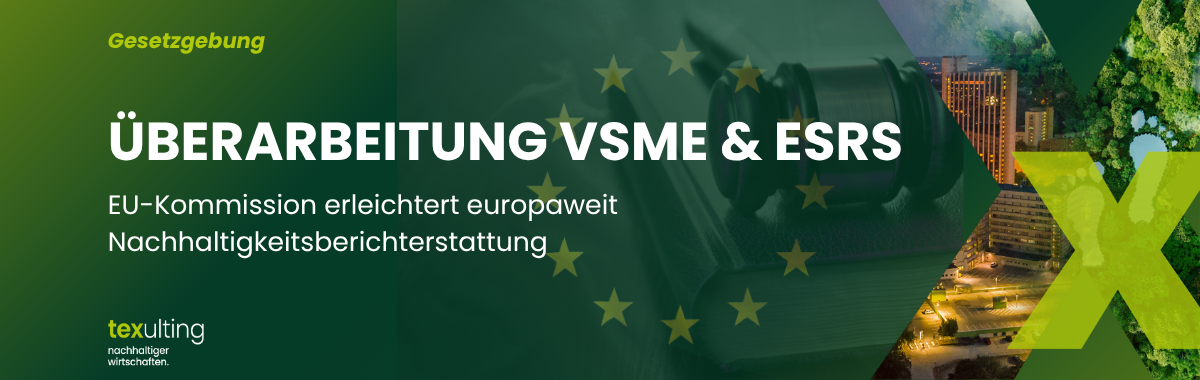 Titelbild zur Überarbeitung von VSME und ESRS mit EU-Symbolik, Gesetzbuch und nachhaltiger Stadtentwicklung
